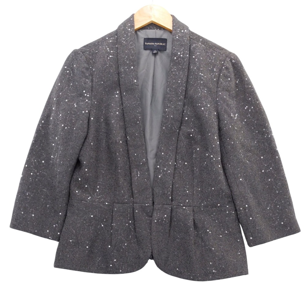 Banana Republic Blazer Size 12‎ Gray Sparkle Sequin Detail 3/4 Sleeve Jacket